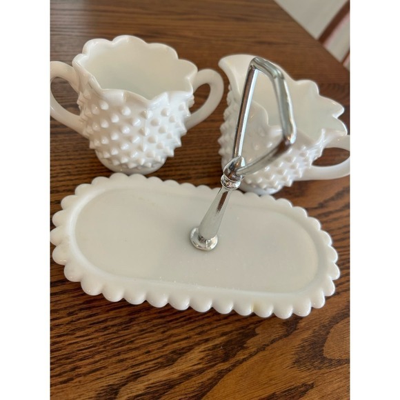 Hobnail White Mild Glass Sugar Bowl Creamer w/ Tray - Picture 5 of 6